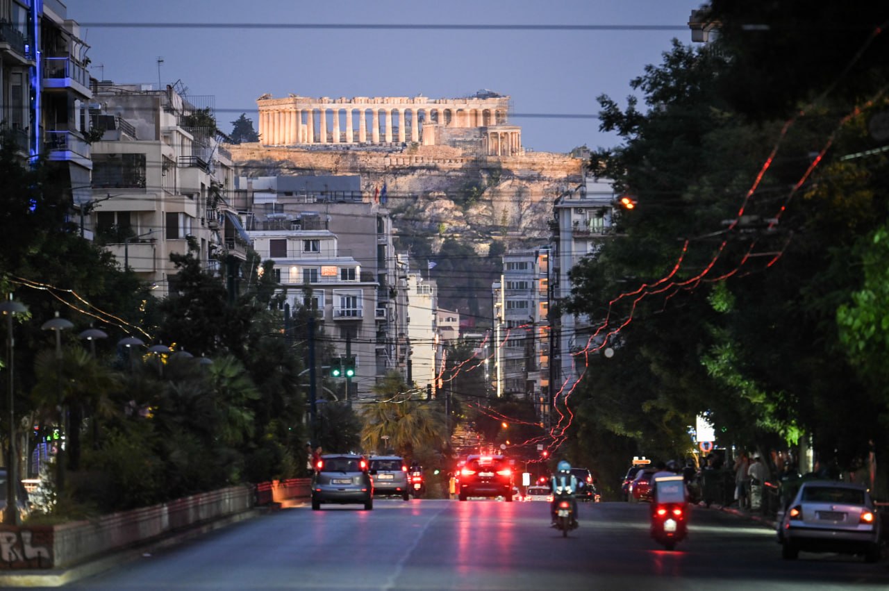 The Acropolis seen from the street at dusk